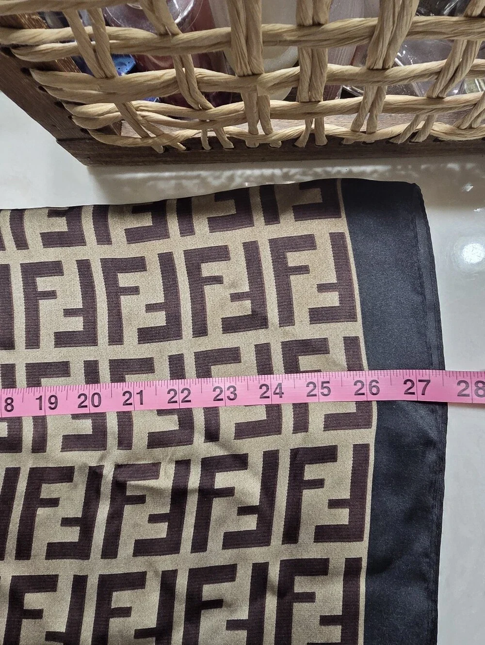 Monogram Pattern Silk Scarf in Beige and Dark Brown